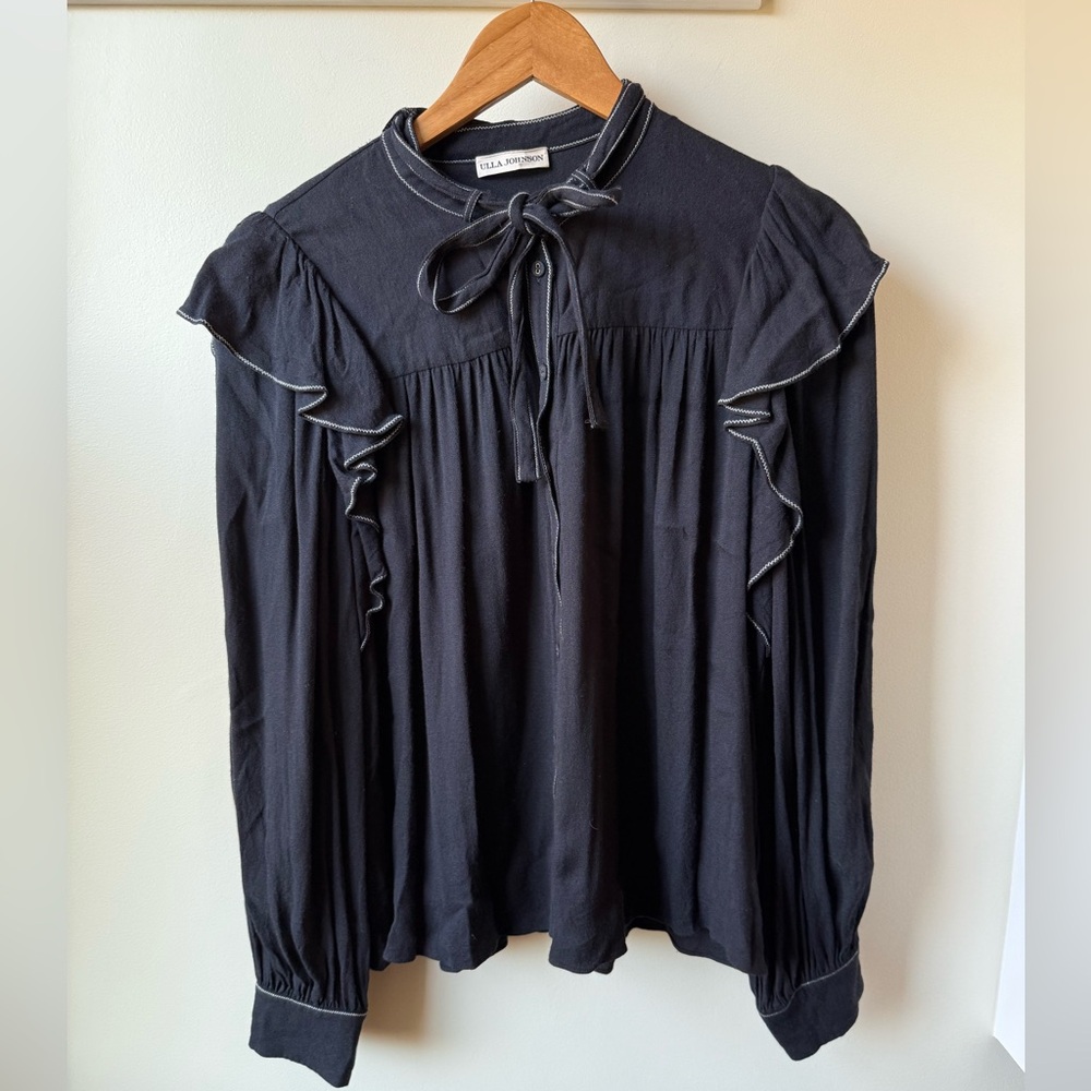 ULLA JOHNSON‎ Tabitha Ruffle Crepe Blouse Top Black Tie Bohemian Romantic 10